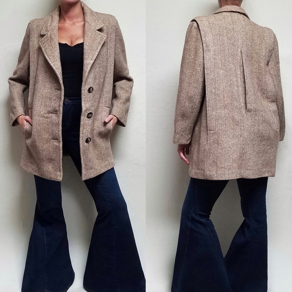70s Vintage Tan Pink Herringbone Wool Single Breasted Notched Collar Over Coat